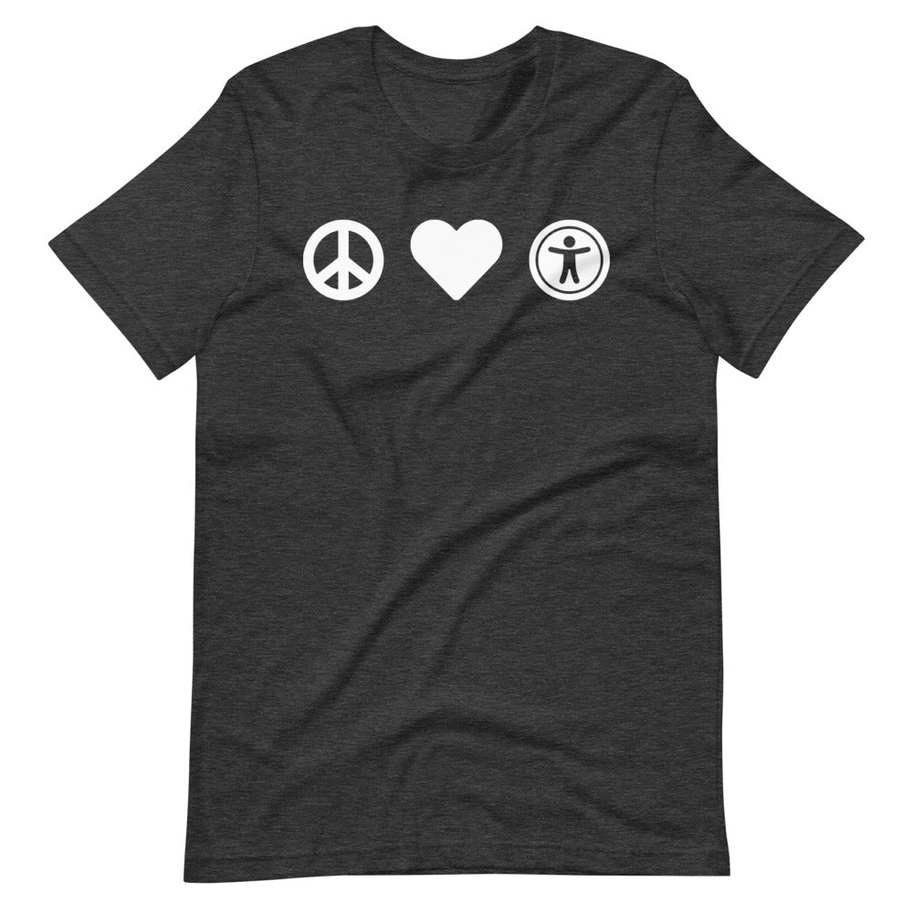 White, center aligned heart icon, peace sign icon is left of heart, universal design logo is right of heart, on heather dark grey t-shirt.