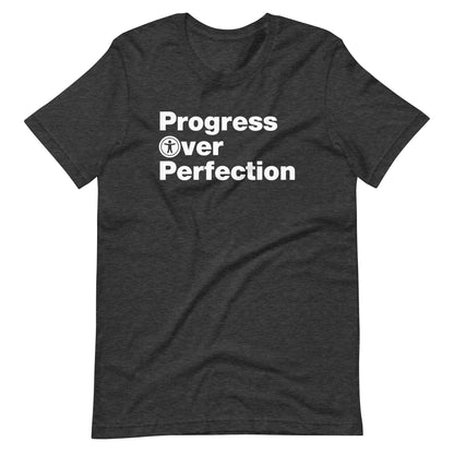 White, Progress Over Perfection, words, stacked, left aligned. 'O' in Over is round universal icon, on front of dark heather grey t-shirt.