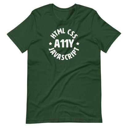 White HTML CSS JavaScript words, center aligned, circled around A11Y letters with stars on either side, on front of dark green t-shirt.