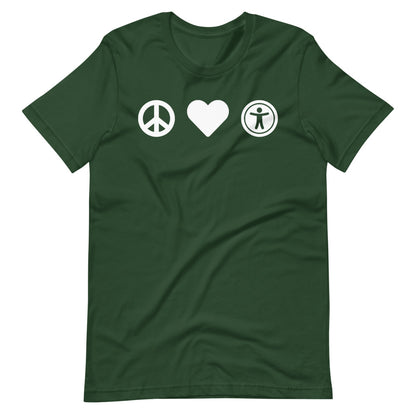 White, center aligned heart icon, peace sign icon is left of heart, universal design logo is right of heart, on dark green t-shirt.