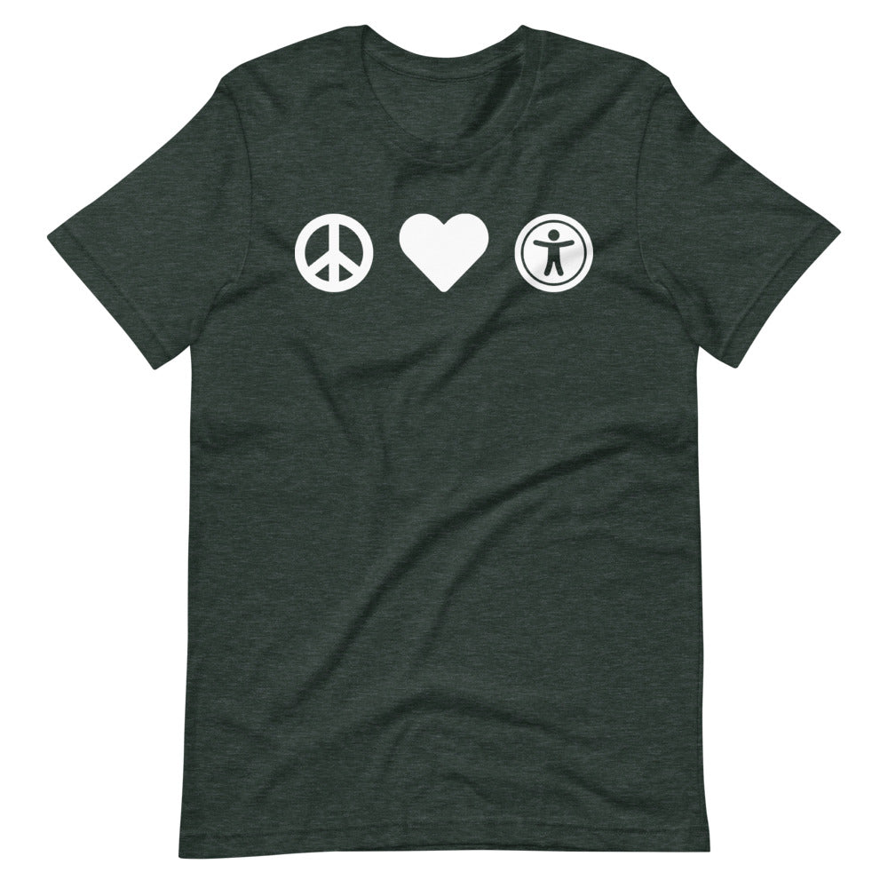 White, center aligned heart icon, peace sign icon is left of heart, universal design logo is right of heart, on heather dark green t-shirt.