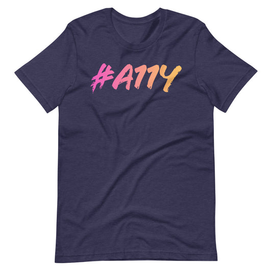 Left to right, dark pastel pink to pastel yellow gradient, large #A11Y letters on front of heather navy blue t-shirt.