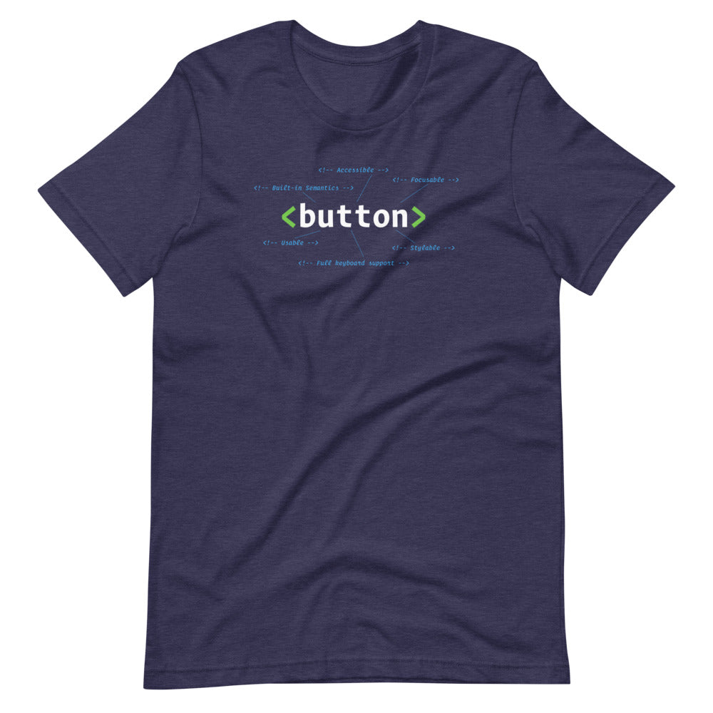 White HTML button element, center aligned, on front of heather navy blue t-shirt. HTML comments surround the code with statements: accessible, focusable, built-in semantics, usable, stylable, full keyboard support.