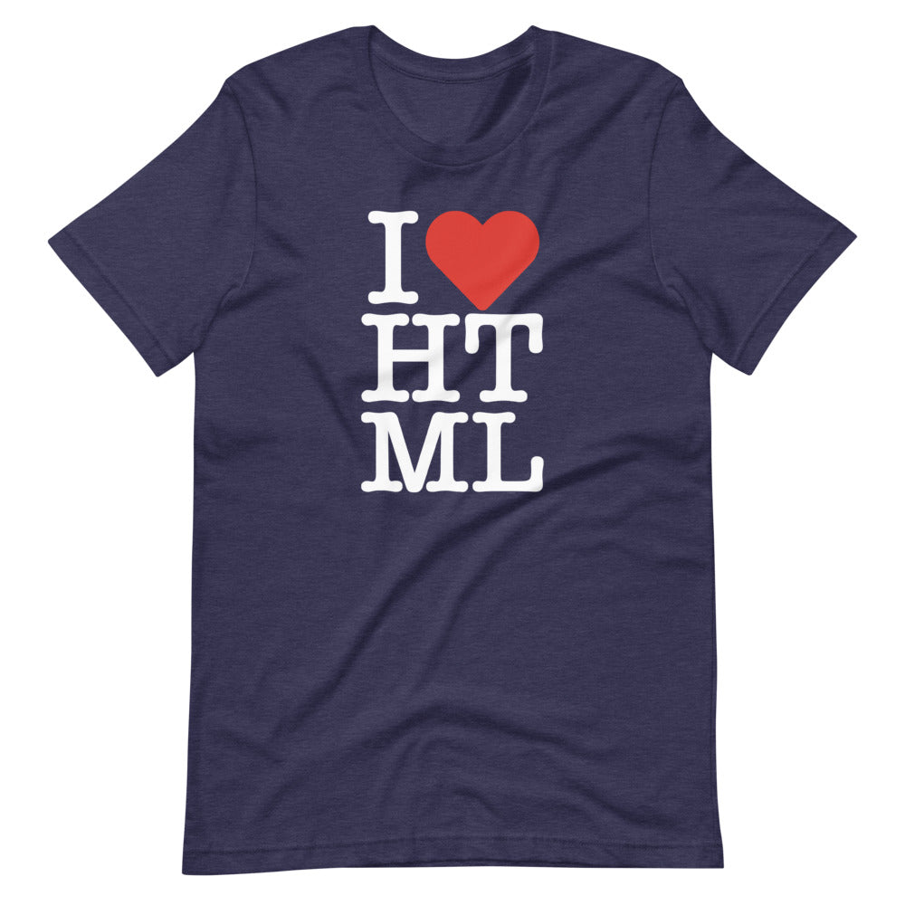 White, I (red heart emoji) HTML letters, styled in the same manner as the I love NY logo, on front of heather navy blue t-shirt.