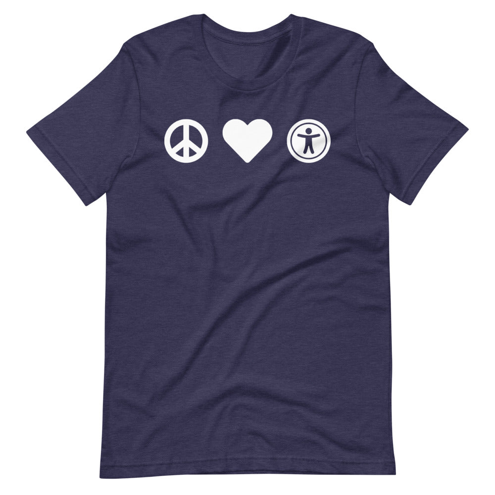 White, center aligned heart icon, peace sign icon is left of heart, universal design logo is right of heart, on heather navy blue t-shirt.