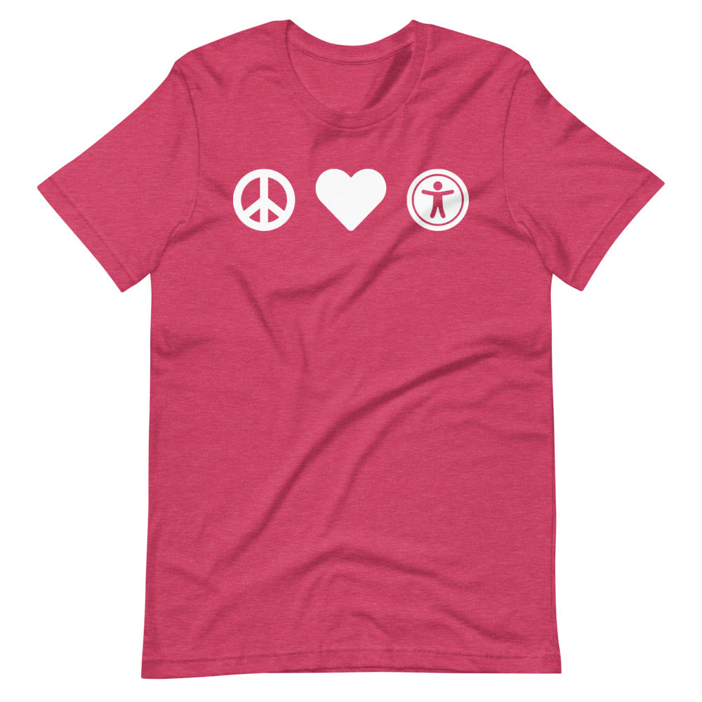 White, center aligned heart icon, peace sign icon is left of heart, universal design logo is right of heart, on dark heather pink t-shirt.