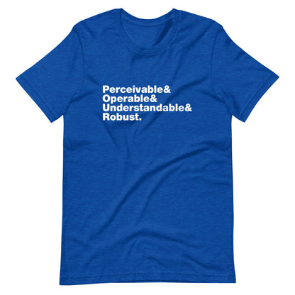 White Perceivable & Operable & Understandable & Robust words, stacked, left aligned, on front of heather blue t-shirt.