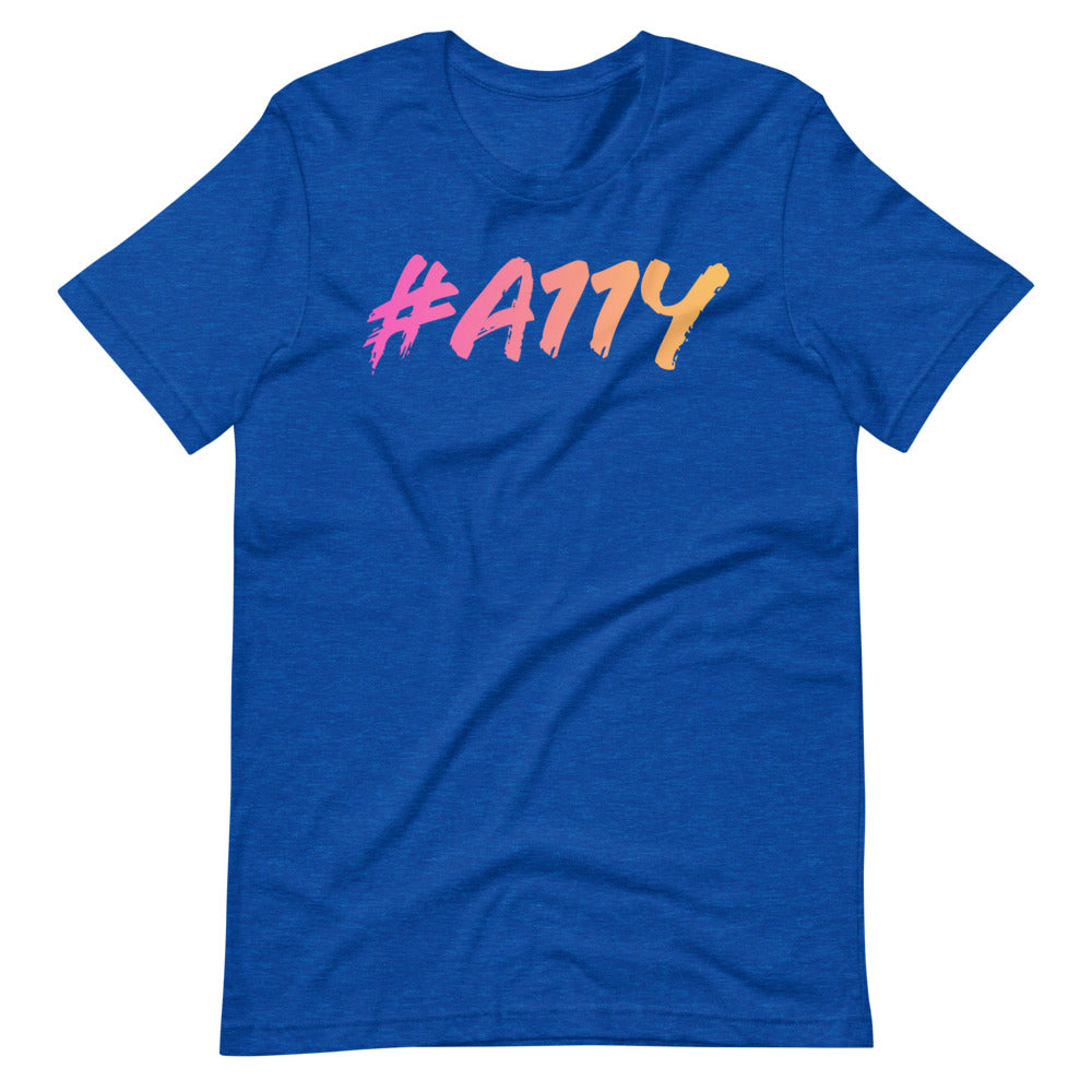Left to right, dark pastel pink to pastel yellow gradient, large #A11Y letters on front of heather blue t-shirt.