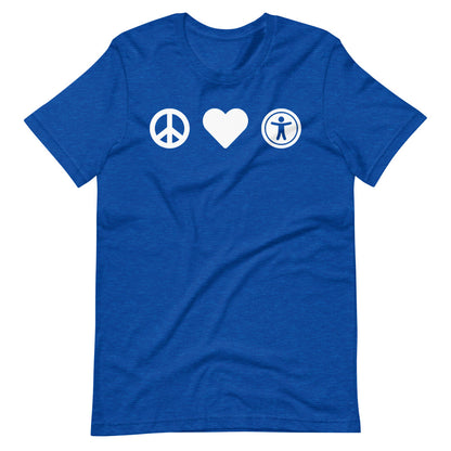 White, center aligned heart icon, peace sign icon is left of heart, universal design logo is right of heart, on heather blue t-shirt.