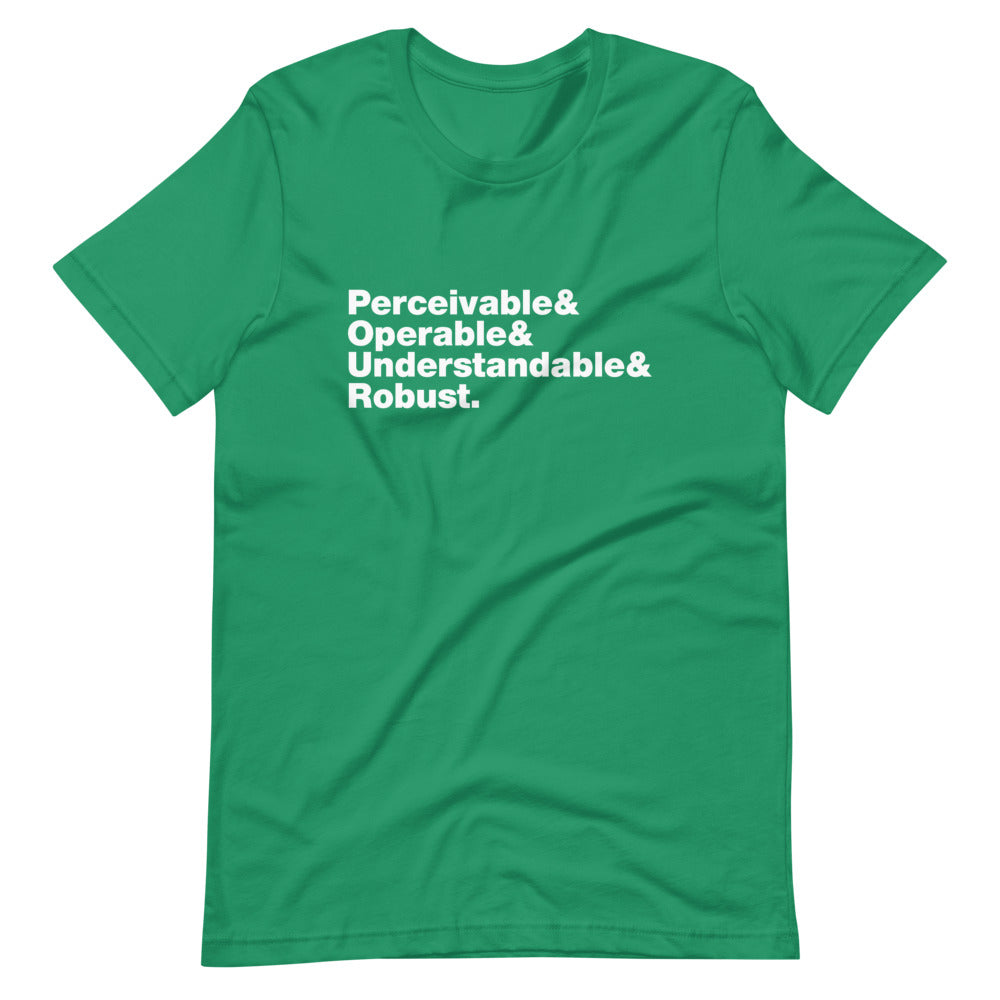 White Perceivable & Operable & Understandable & Robust words, stacked, left aligned, on front of green t-shirt.