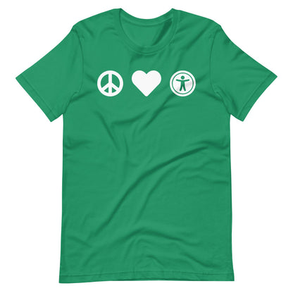 White, center aligned heart icon, peace sign icon is left of heart, universal design logo is right of heart, on green t-shirt.