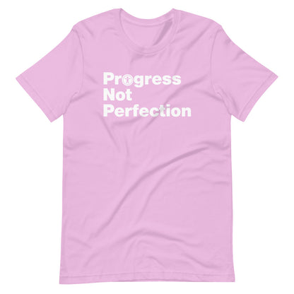 White, Progress Not Perfection, words, stacked, left aligned. 'O' in Progress is round universal icon, on front of lilac (dark pink) t-shirt.