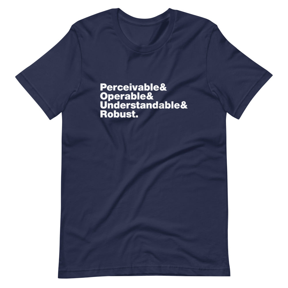 White Perceivable & Operable & Understandable & Robust words, stacked, left aligned, on front of dark blue t-shirt.