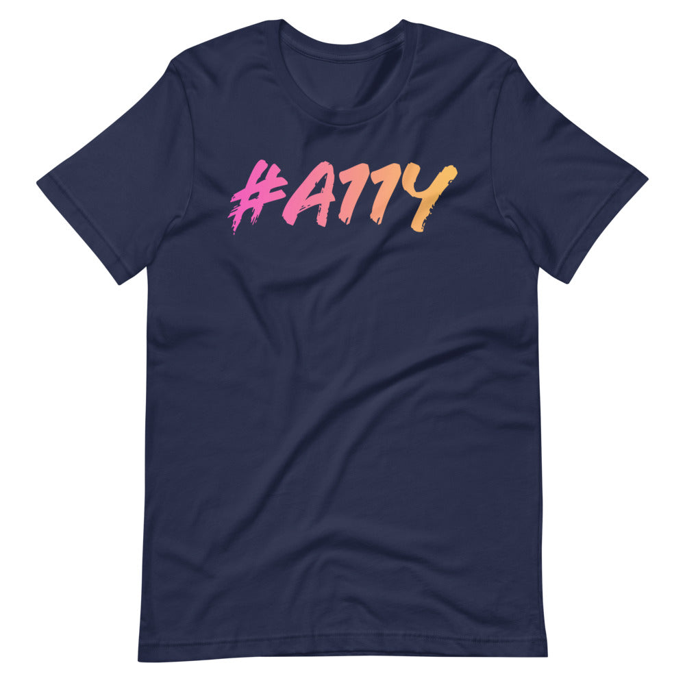 Left to right, dark pastel pink to pastel yellow gradient, large #A11Y letters on front of navy blue t-shirt.
