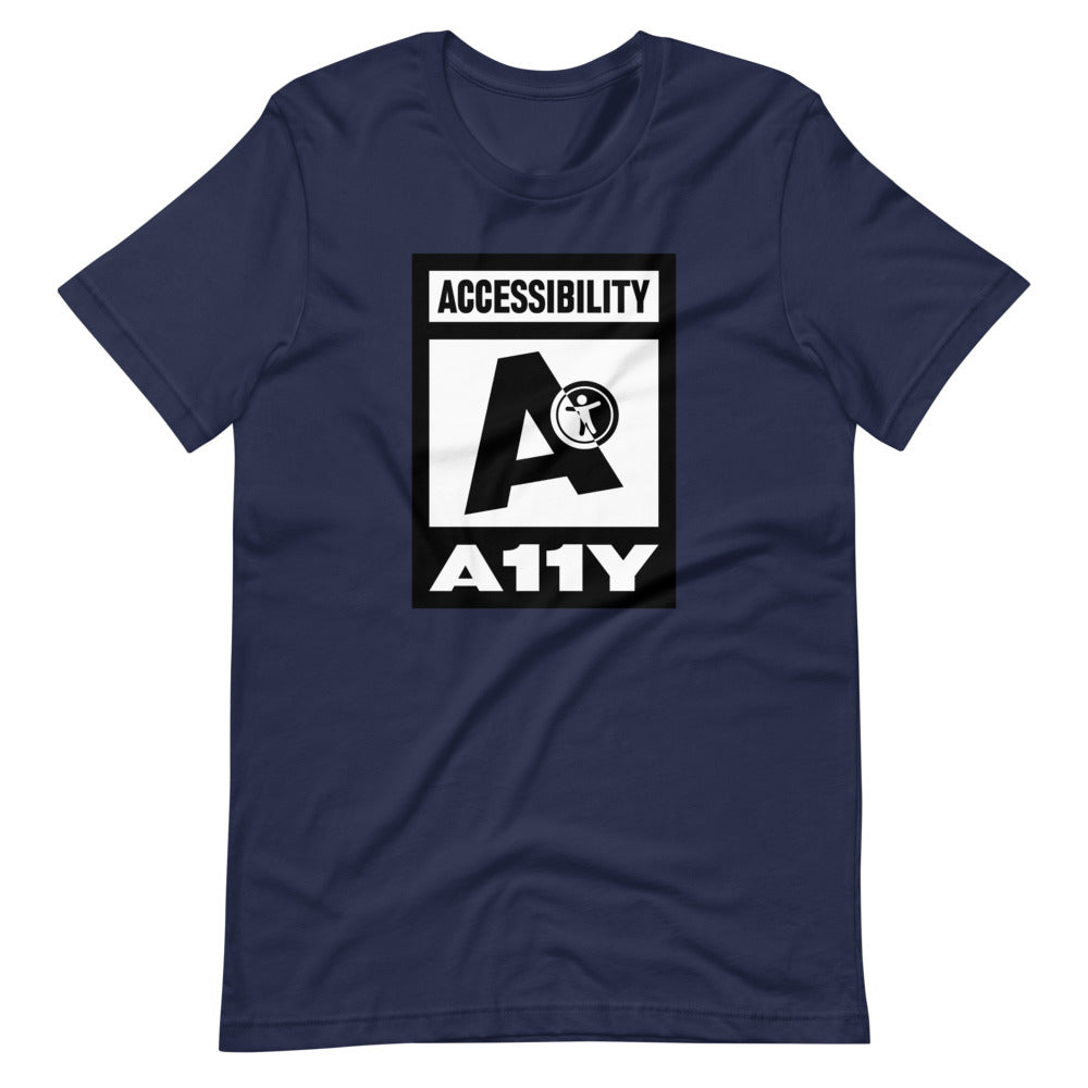 Black on white Accessibility word above large black letter A. Black universal design logo on white is placed above a white on black A11Y word, center aligned, on front of navy blue t-shirt.