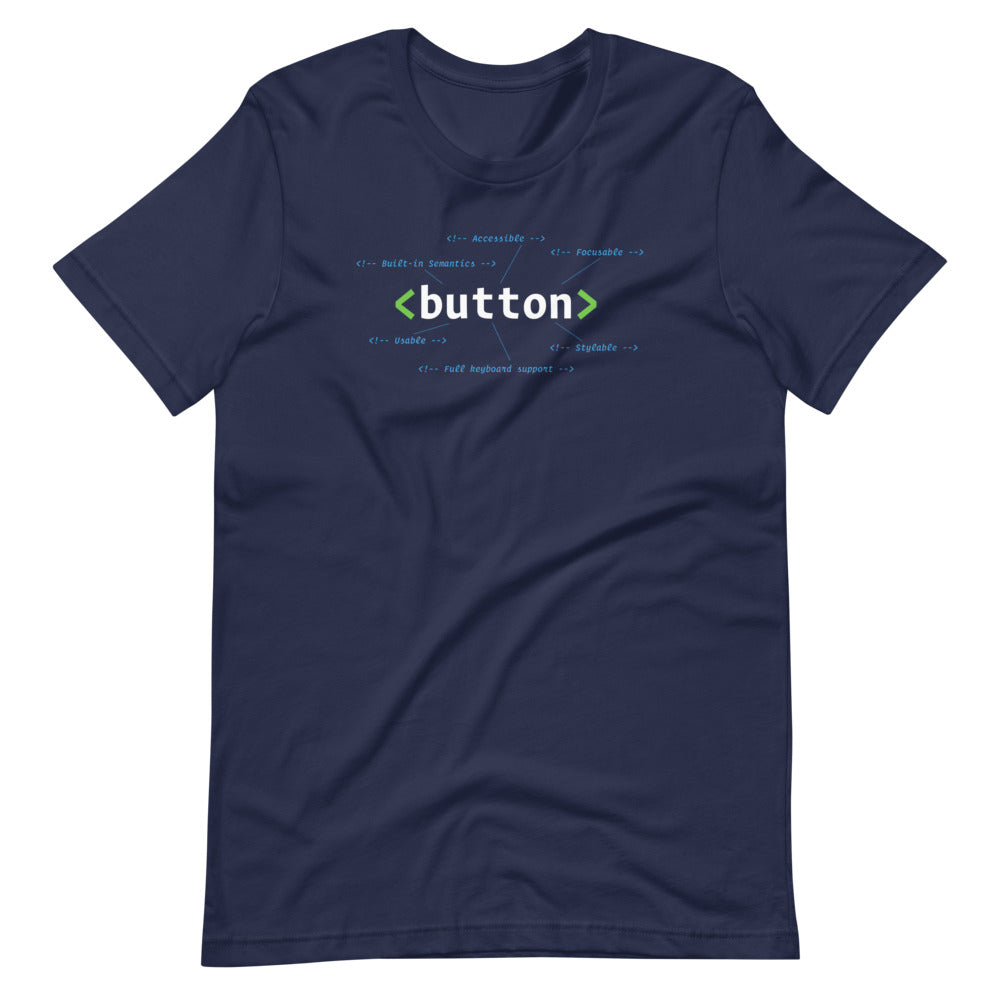 White HTML button element, center aligned, on front of navy blue t-shirt. HTML comments surround the code with statements: accessible, focusable, built-in semantics, usable, stylable, full keyboard support.