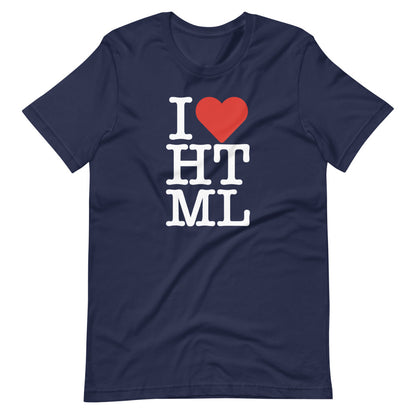 White, I (red heart emoji) HTML letters, styled in the same manner as the I love NY logo, on front of navy blue t-shirt.