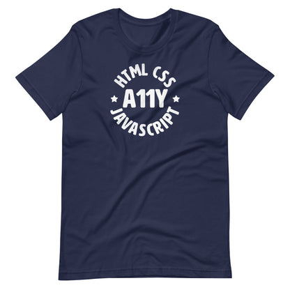 White HTML CSS JavaScript words, center aligned, circled around A11Y letters with stars on either side, on front of navy blue t-shirt.