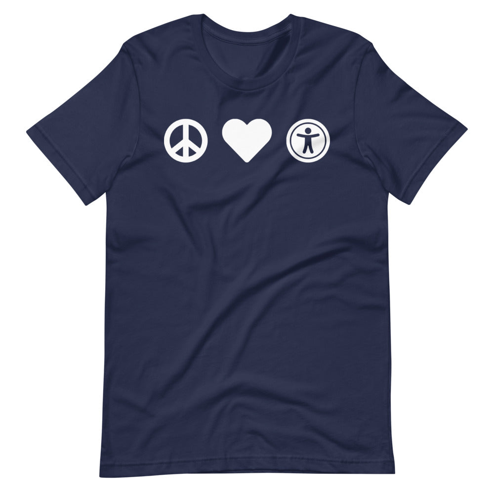 White, center aligned heart icon, peace sign icon is left of heart, universal design logo is right of heart, on navy blue t-shirt.