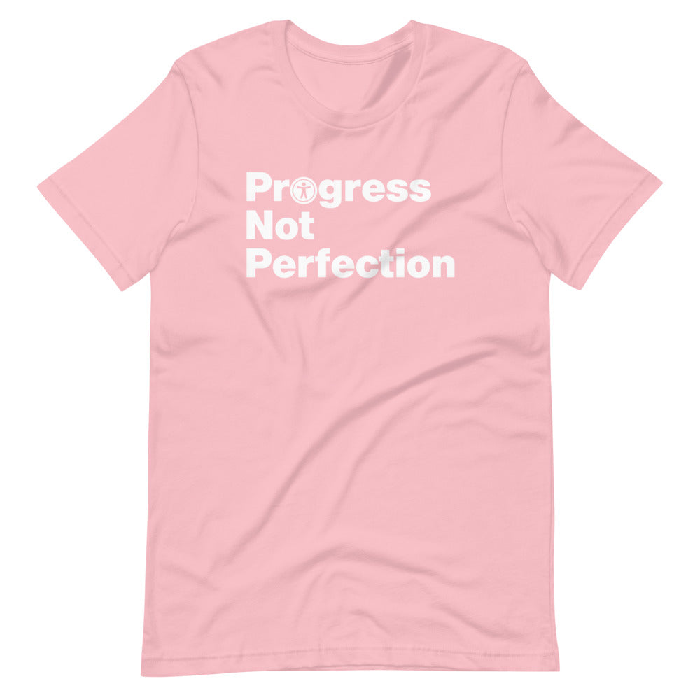 White, Progress Not Perfection, words, stacked, left aligned. 'O' in Progress is round universal icon, on front of pink t-shirt.