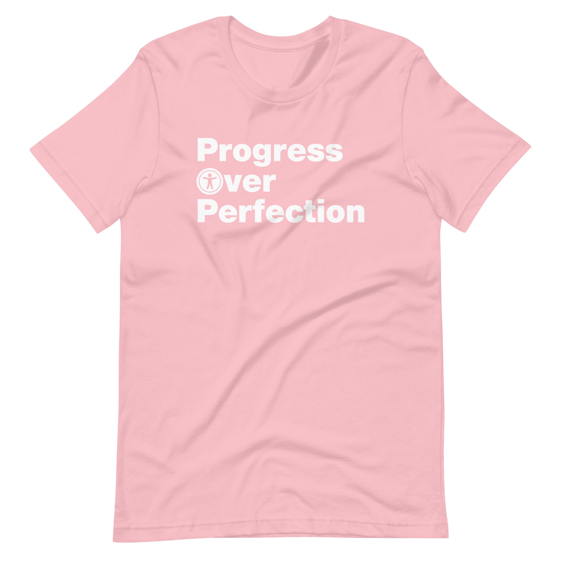 White, Progress Over Perfection, words, stacked, left aligned. 'O' in Over is round universal icon, on front of pink t-shirt.