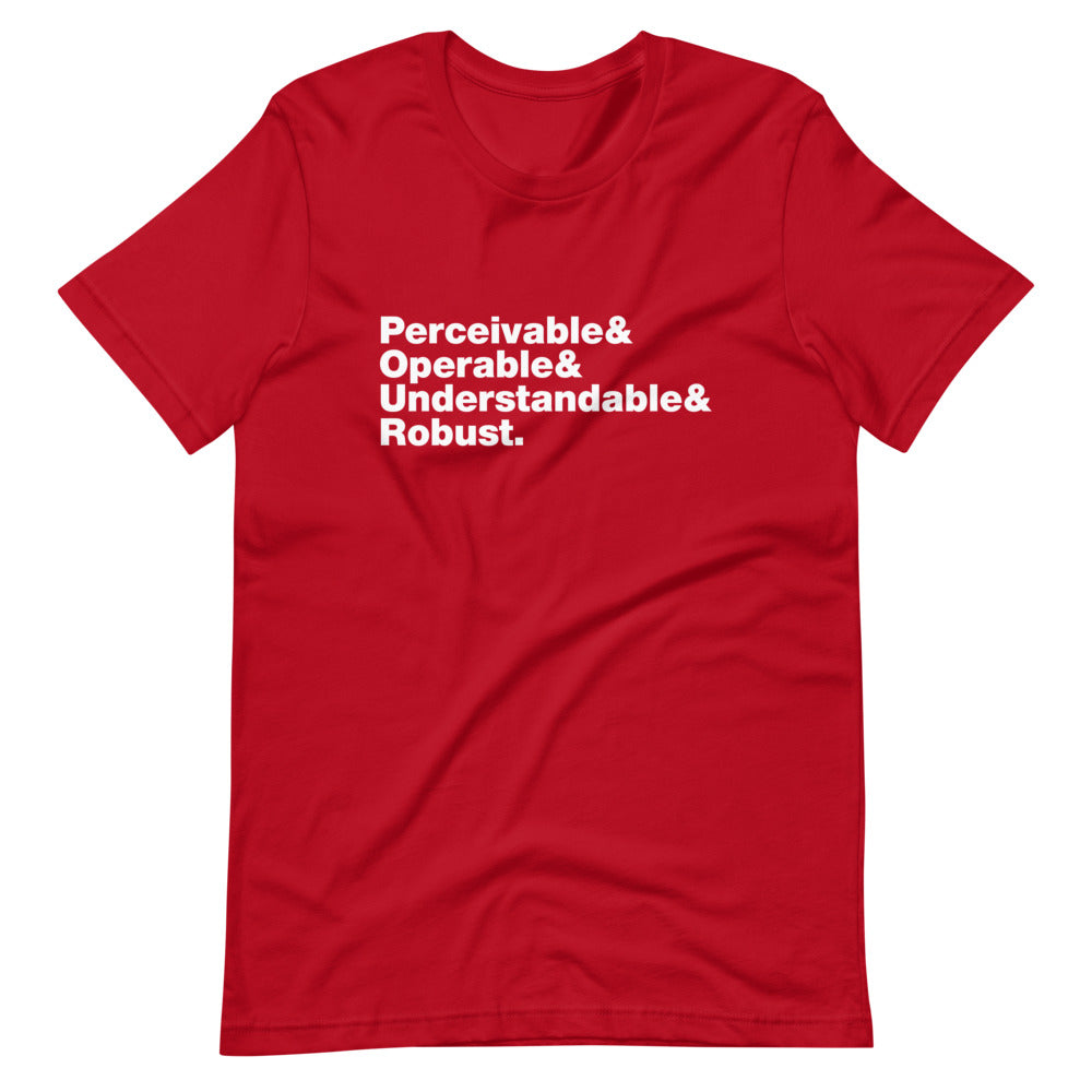 White Perceivable & Operable & Understandable & Robust words, stacked, left aligned, on front of red t-shirt.