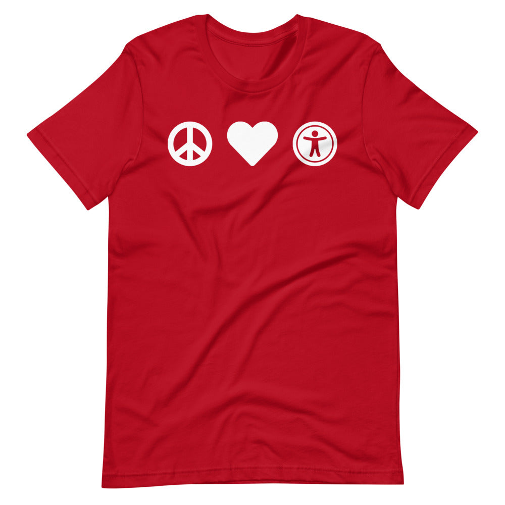 White, center aligned heart icon, peace sign icon is left of heart, universal design logo is right of heart, on red t-shirt.