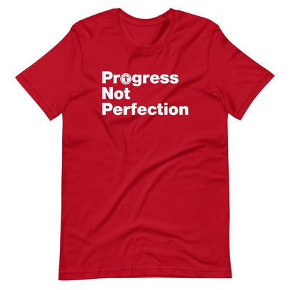 White, Progress Not Perfection, words, stacked, left aligned. 'O' in Progress is round universal icon, on front of red t-shirt.