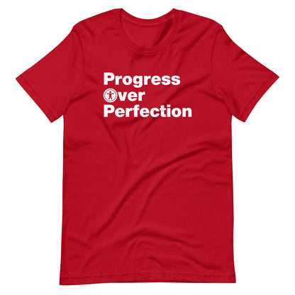 White, Progress Over Perfection, words, stacked, left aligned. 'O' in Over is round universal icon, on front of red t-shirt.