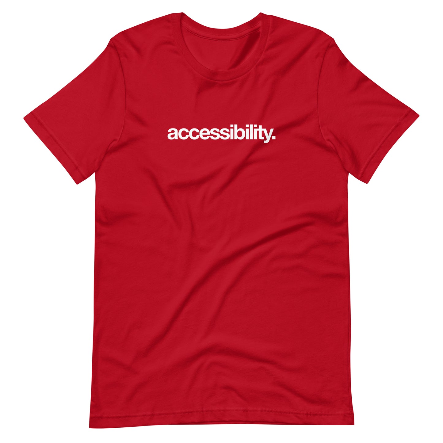 White, accessibility, word with period in Helvetica Neue font, center aligned, on front of red t-shirt.