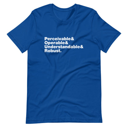 White Perceivable & Operable & Understandable & Robust words, stacked, left aligned, on front of blue t-shirt.