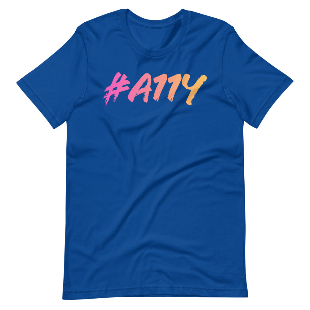 Left to right, dark pastel pink to pastel yellow gradient, large #A11Y letters on front of blue t-shirt.