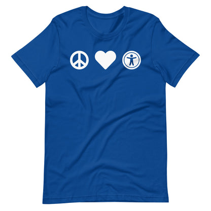 White, center aligned heart icon, peace sign icon is left of heart, universal design logo is right of heart, on blue t-shirt.