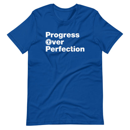 White, Progress Over Perfection, words, stacked, left aligned. 'O' in Over is round universal icon, on front of royal blue t-shirt.