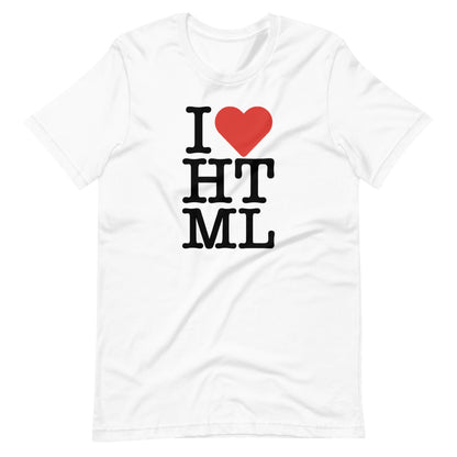 Black, I (red heart emoji) HTML letters, styled in the same manner as the I love NY logo, on front of white t-shirt.