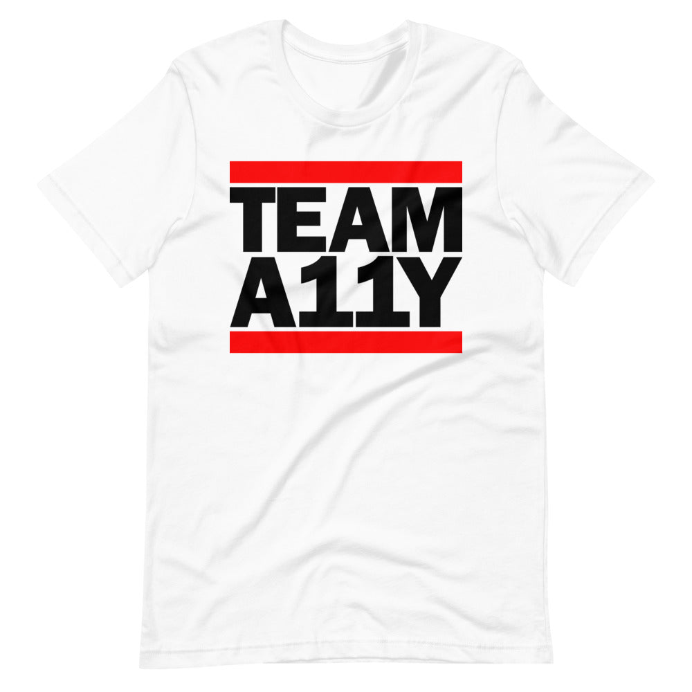 Black TEAM A11Y text, red bar above and below, center aligned, on front of white t-shirt.
