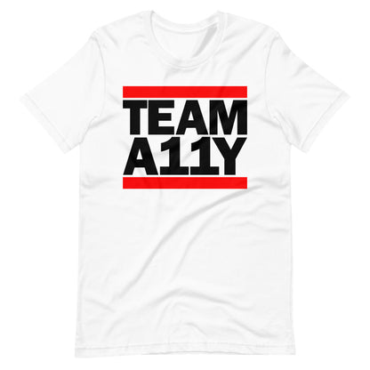 Black TEAM A11Y text, red bar above and below, center aligned, on front of white t-shirt.