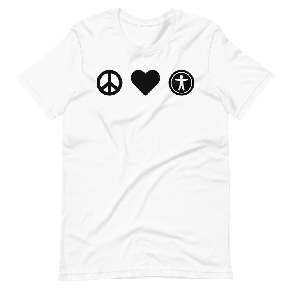 Black, center aligned heart icon, peace sign icon is left of heart, universal design logo is right of heart, on white t-shirt.