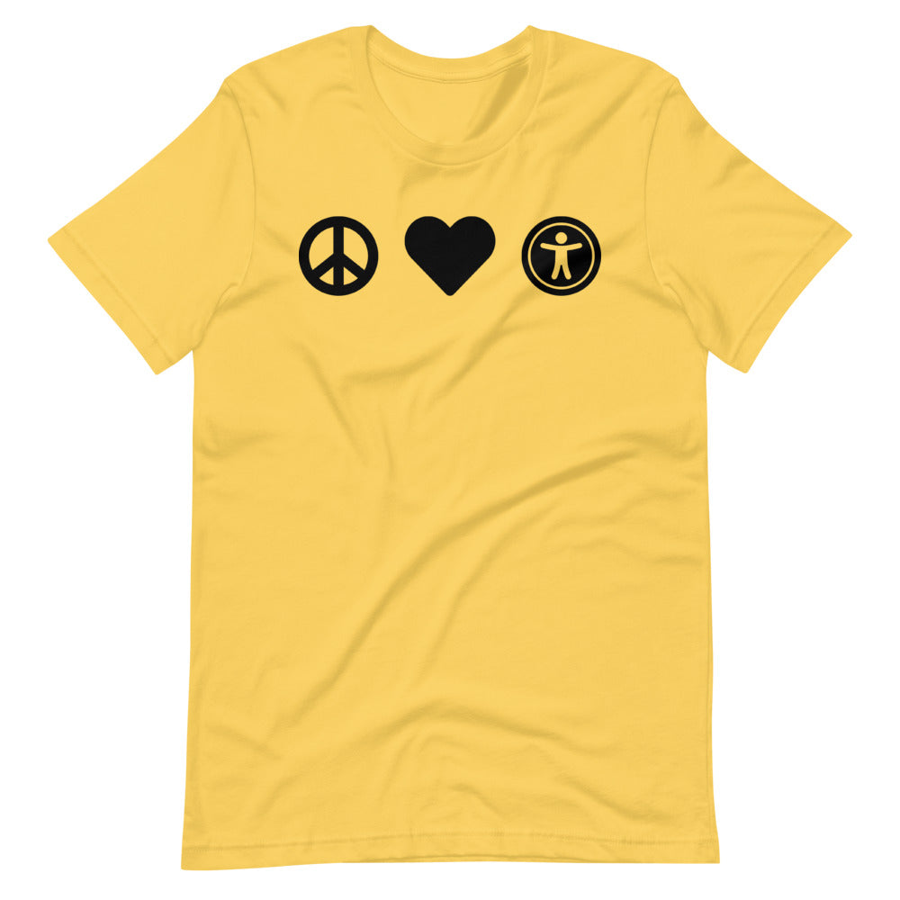 Black, center aligned heart icon, peace sign icon is left of heart, universal design logo is right of heart, on yellow t-shirt.