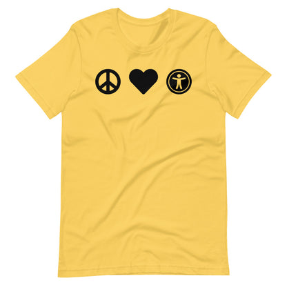Black, center aligned heart icon, peace sign icon is left of heart, universal design logo is right of heart, on yellow t-shirt.