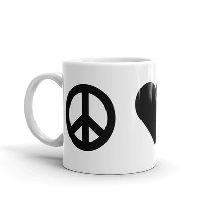 Black peace sign icon on left side of white coffee mug.