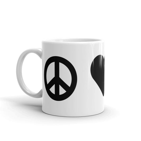 Black peace sign icon on left side of white coffee mug.