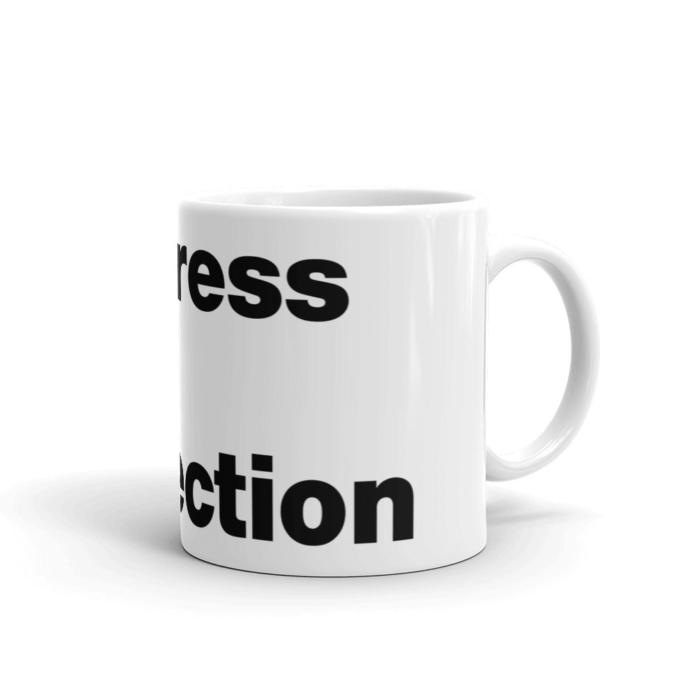 Black, Progress Not Perfection, words, stacked, left aligned. 'O' in Not is round universal icon, on front of white coffee mug, right side view.